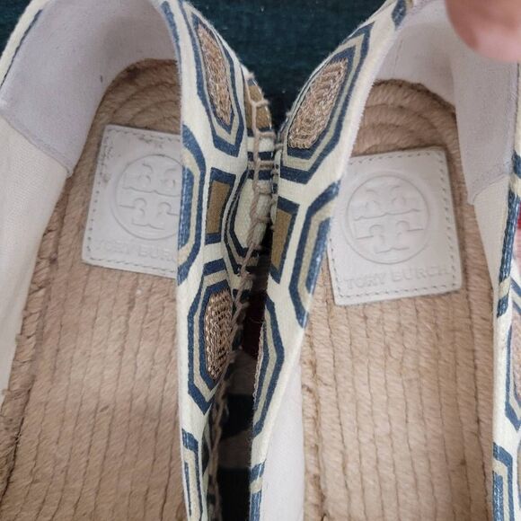 Tory Burch Cecily Embellished Espadrille Flats Sz‎ 9.5 Tan Canvas Sequin Rattan - Picture 8 of 10